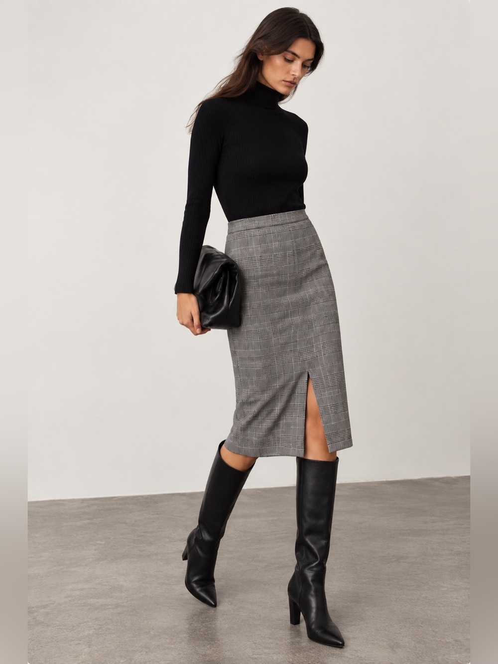 black and white plaid checked pencil skirt M